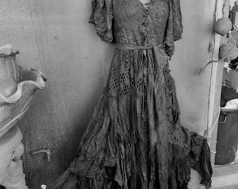 Upcycled BLACK gothic dress bohemian boho punk festival party funeral wake prom shabby Stevie nicks victorian lace western shabby tattered L