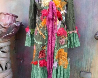 Embellished Velvet Bohemian Jacket: Olive Green Lace, Roses, Butterflies