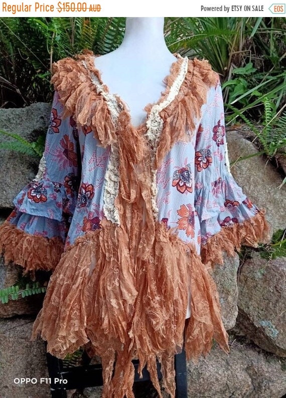 Floral Boho Jacket: Ruffled Bell Sleeves, Crochet Lace Trim