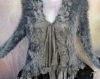 Upcycled bohemian duster gypsy hippy BLACK Gothic fluffy hippy boho wildskin romantic punk stevie nicks woodland fantasy tattered M L