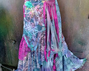 Hand made gypsy belly dance festival lace garden forest fairy wedding tattered stevie nicks pixie fairy  gypsy lagenlook wrap skirt L XL