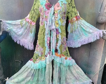 Bohemian Crochet Duster: Green Turquoise Lace, Shabby Chic Roses