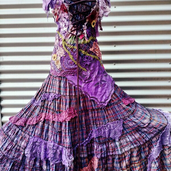 boho ręcznie robiony gotycki gorset boho punk dzika skóra cygańska fantazja bal formalna sesja zdjęciowa koronkowa sukienka Stevie Nicks DĄB podarty las S M