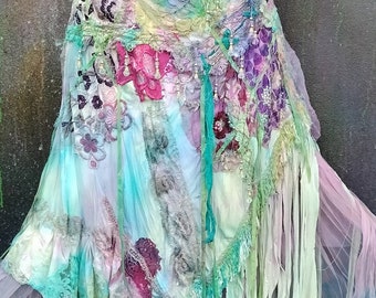 Hand made gypsy festival wedding fairy wildskin mermaid skirt tattered skirt stevie nicks bohemian gypsy  lagenlook bellydance wrap skirt M