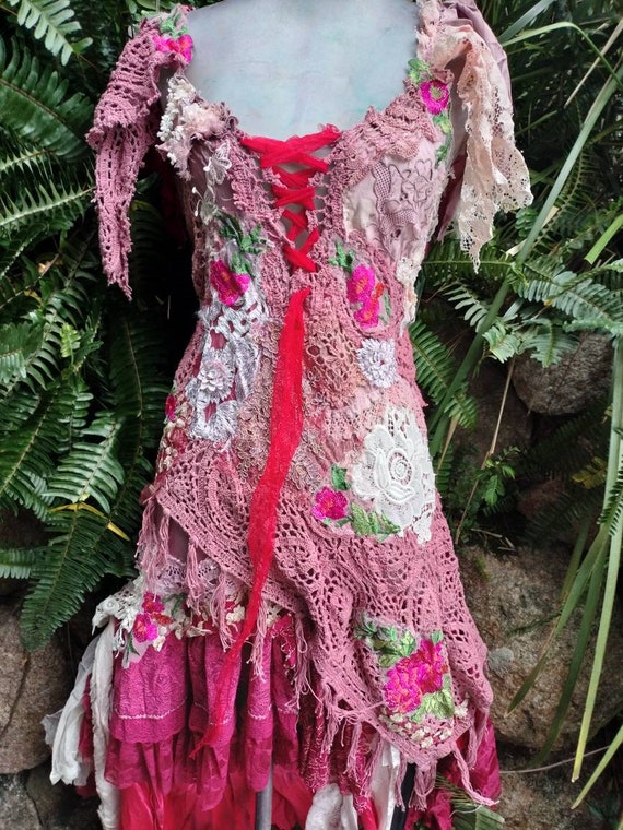 Handmade Pink Crochet Lace Dress: Woodland Boho Wedding Gown, Size M - Etsy Handmade Pink Crochet Lace Dress: Woodland Boho Wedding Gown, Size M - Etsy