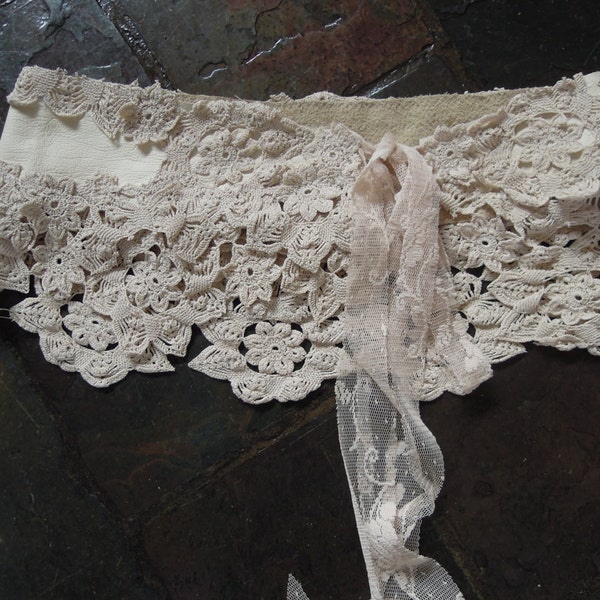 vintage inspired ivory leather mini skirt belt/tutu with shabby crochet and doilies...32" across plus ties