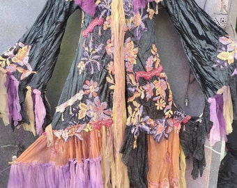 Black Velvet Bohemian Duster Coat: Laced Back, Bridal Roses, Ruffles (M)