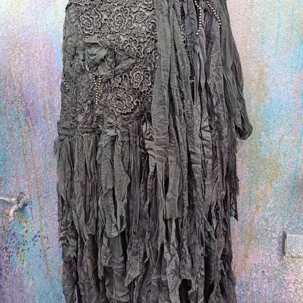 Bohemian skirt,tattered gothic black lace stevie nicks, bohemian skirt, gypsy rock lagenlook festival bellydance steam punk M L