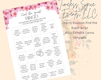 Bingo de invitados a la boda, Bingo de boda, Bingo para encontrar al invitado, Boda de cerezos en flor, Juego de fiesta, Plantilla editable de Canva