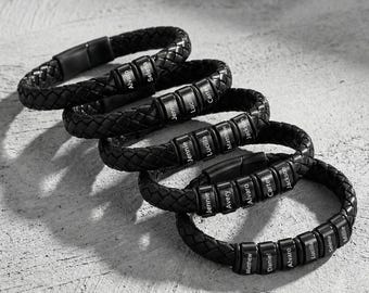 Custom Men's Woven Leather Bracelet – A Gift for Father or Husband; Engravable with Family and Children's Names – Personalized Men's Jewelry