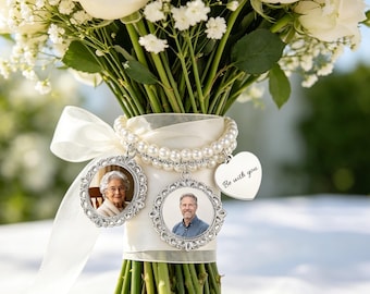 Colgante para ramo de novia - Medallón conmemorativo - Colgante personalizado con foto y cinta de perlas