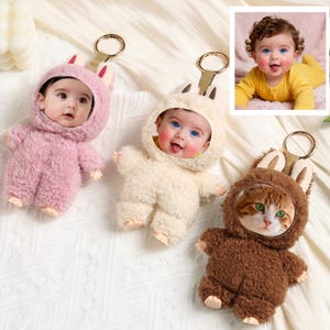 May include: Three plush keychains featuring a baby's face in a bunny costume. The keychains are in pink, cream, and brown. A small inset image shows a baby in a yellow outfit. Each keychain has a gold-colored ring.