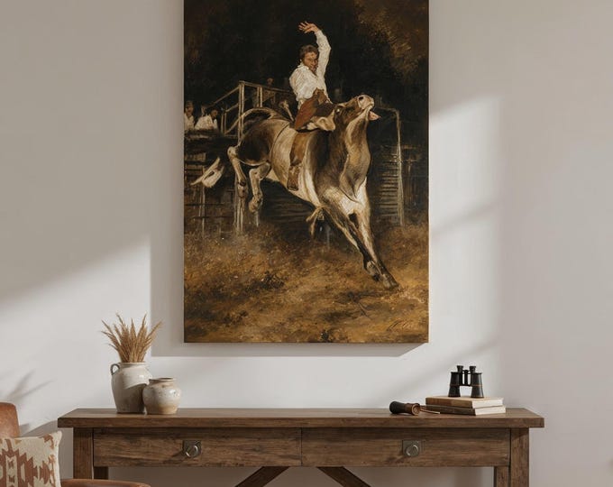 Bull Rider Action Painting | Western Rodeo Cowboy Wall Art (Framed Canvas, Fine Art Print)
