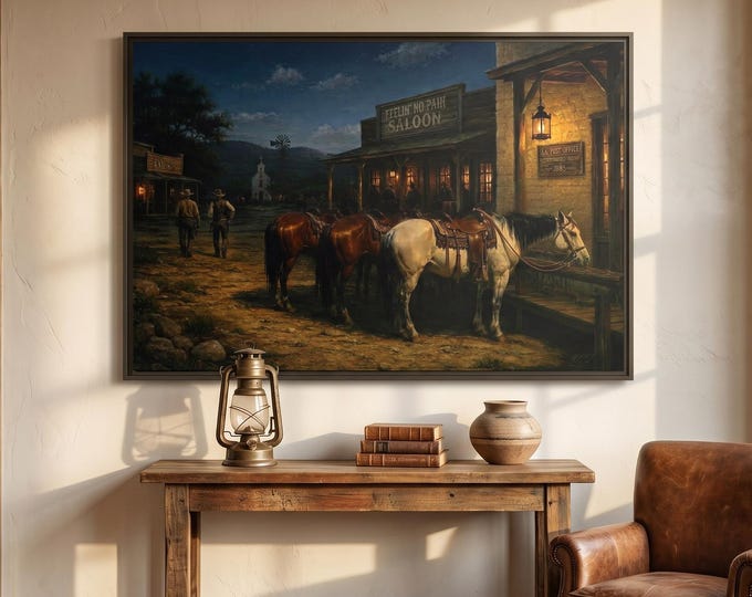 Cowboy Horses Saloon Western Town Art | Old West Texas Evening Scene