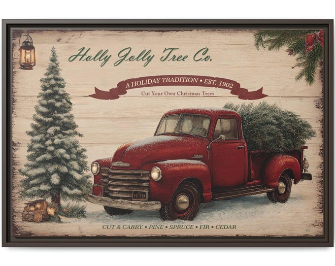 Vintage Red Truck Christmas Tree Farm Art | Rustic Holiday Wall Decor
