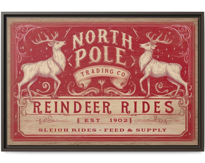 North Pole Reindeer Rides Vintage Christmas Sign | Rustic Holiday Wall Art