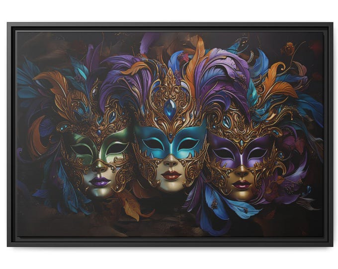 Mardi Gras Mask Art | Ornate Carnival Masks, Framed Canvas