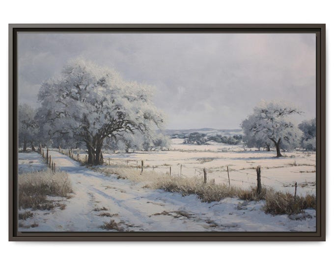 Winter Landscape Art | Snowy Texas Countryside, Rustic Farmhouse Decor