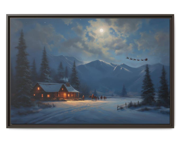 Winter Cabin Wall Art | Snowy Moonlit Night Scene, Rustic Christmas Decor (Framed Canvas)
