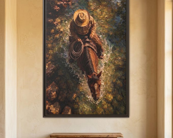 Texas Cowboy Creations Horseback Rider Painting | Western Ranch Art (Framed Canvas)