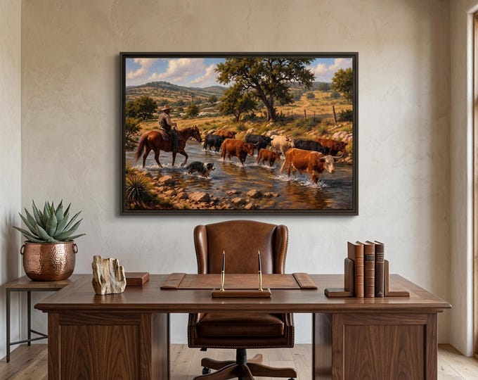 Texas Cattle Drive Wall Art, Hill Country Cowboy Landscape