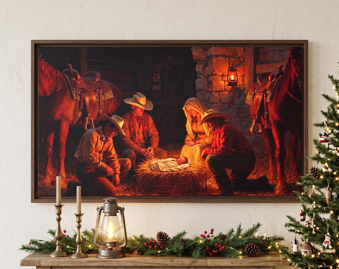 Cowboy Nativity Wall Art, Framed Canvas or Fine Art Print