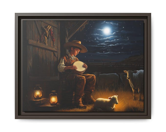 Christian Cowboy Shepherd Boy Wall Art | Western Faith Decor, Moonlit Night Scene