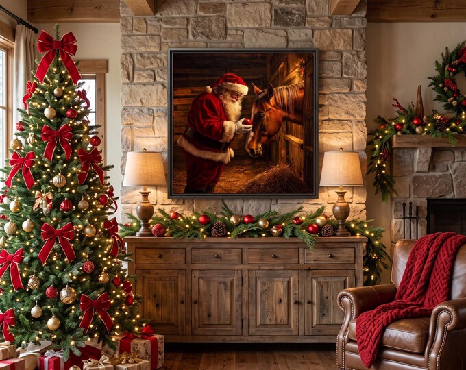 Santa Claus Wall Art, and Horse Christmas Painting in Rustic Style