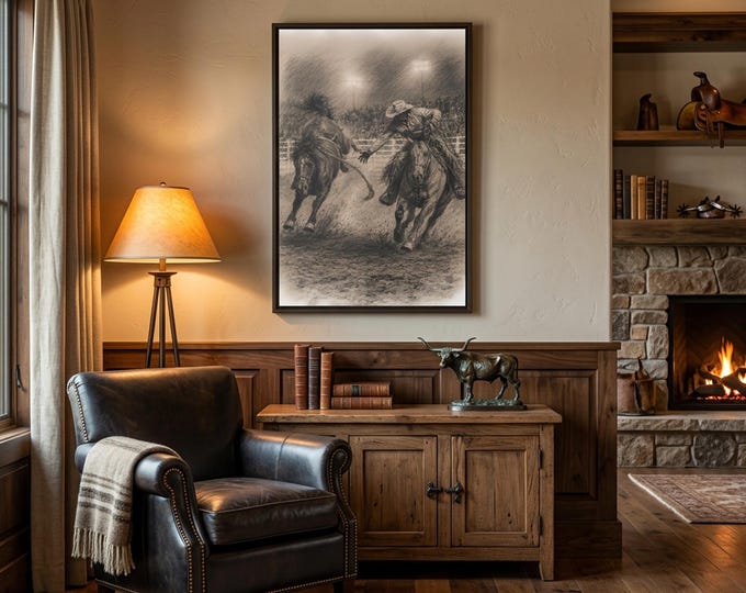Rodeo Pickup Man Charcoal Art | Western Cowboy Wall Art (Canvas Print)