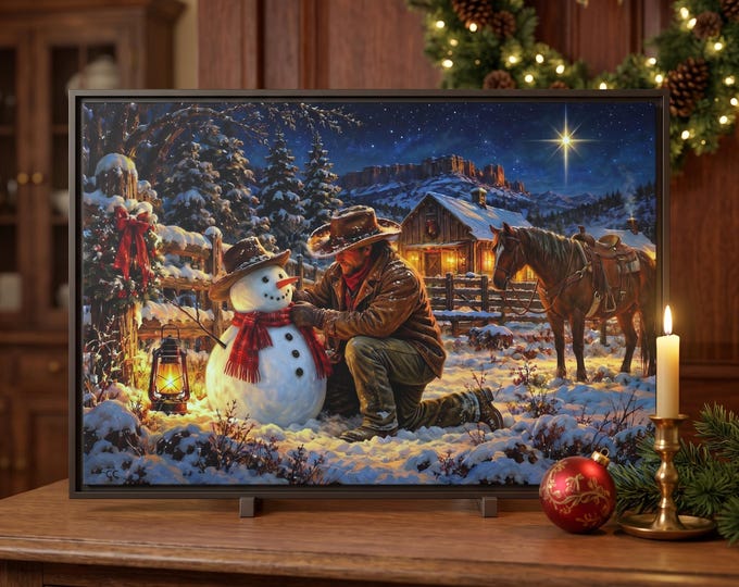 Cowboy Christmas Art, Western Wall Art with Snowman and Ranch Scene