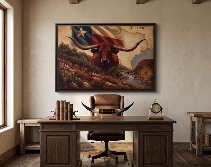 Longhorn Wall Art, Texas Flag and Hill Country Landscape, Western Ranch Decor