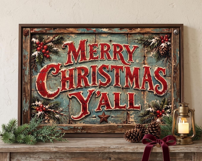 Christmas Wall Art, Turquoise Merry Y’all Sign with Evergreen Details