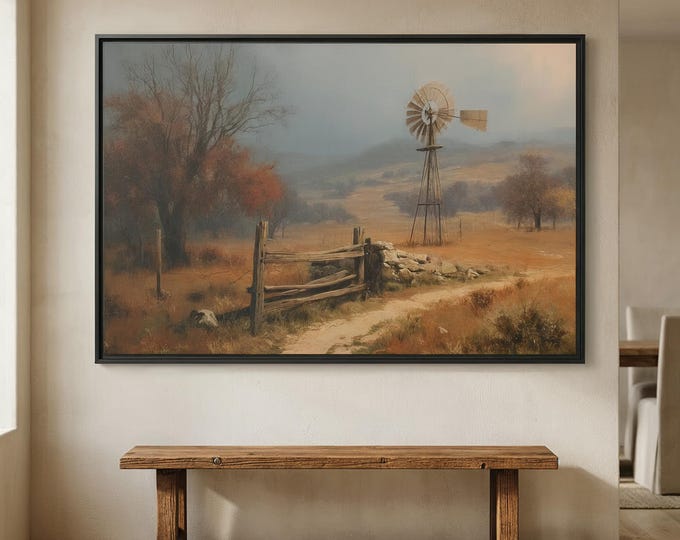 Texas Windmill Wall Art, Autumn Hill Country Landscape