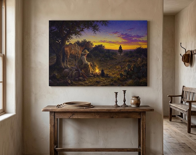 Cowboy Campfire Wall Art, Western Sunset Horse Landscape