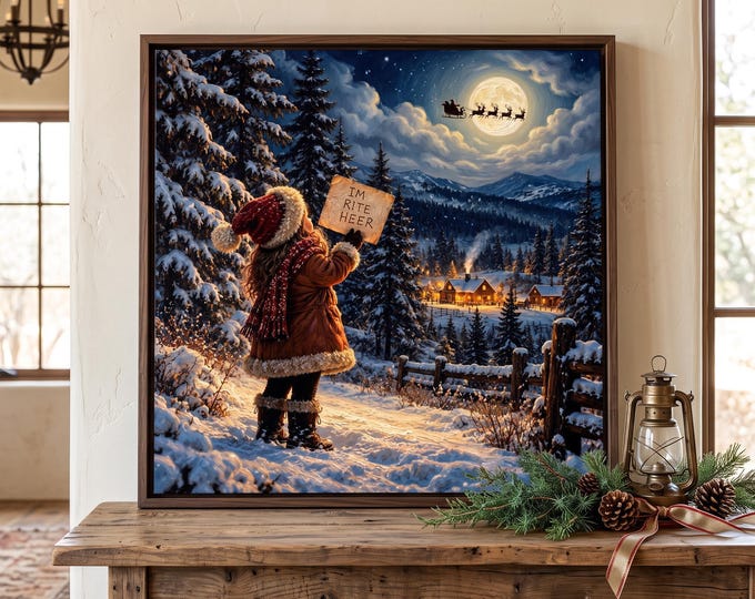 Christmas Wall Art, Santa Sleigh Over Snowy Mountain Village Painting