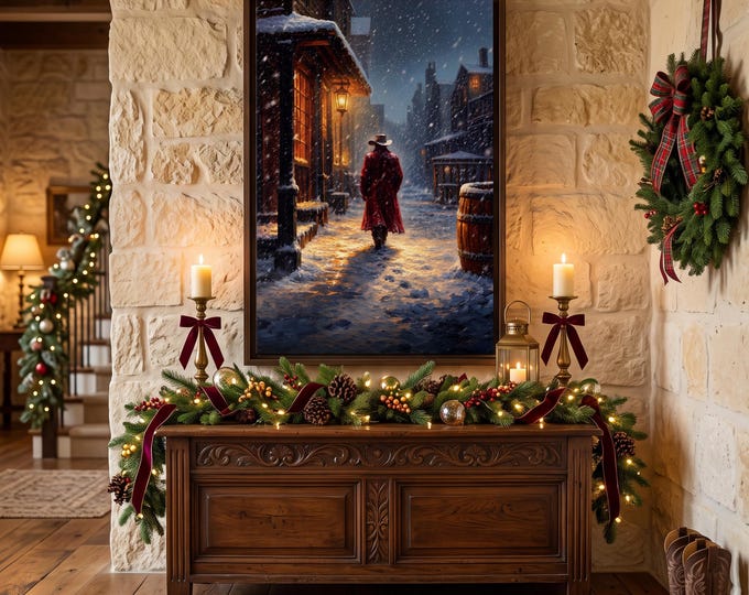 Western Painting, Red Coat Cowboy in Snow on Canvas or Fine Art Print
