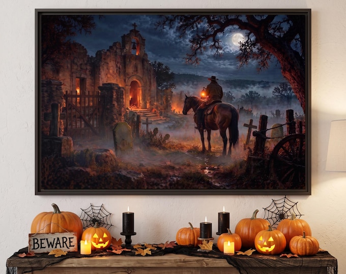 Western Wall Art, Moonlit Cowboy at Haunted Mission, Halloween Canvas Print