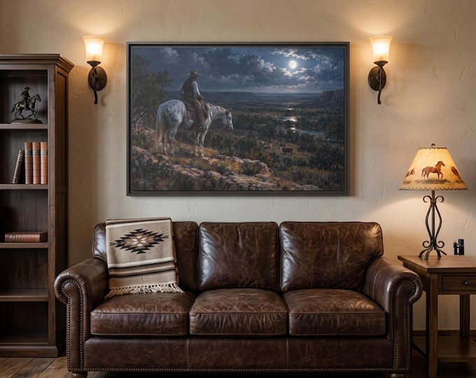 Cowboy Wall Art, Moonlit Western Landscape Painting in Canvas or Print