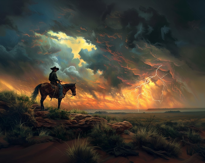 Cowboy Sunset Art Printable Wall Art, Texas Landscape Digital Download