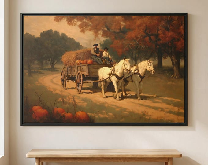 Horse-Drawn Wagon Wall Art, Country Autumn Harvest