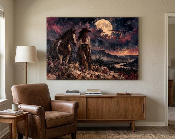 Abstract Cowgirl Wall Art, Moonlit Western Painting with Paint Horse