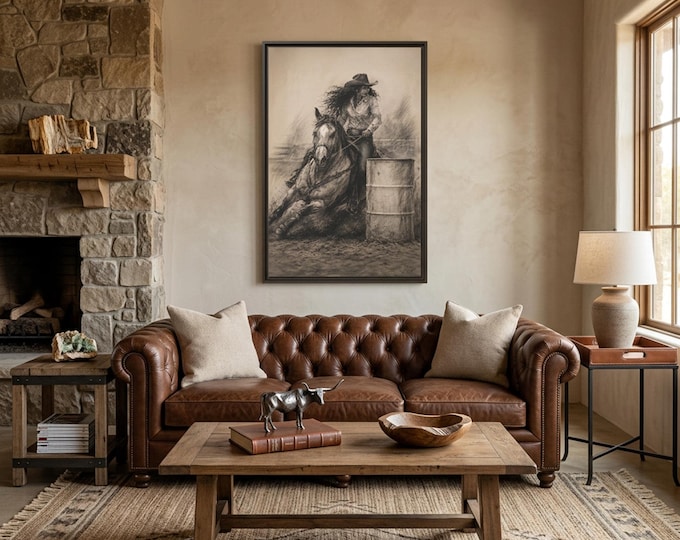 Barrel Racing Art, Charcoal Horse Artwork | Cowgirl Rodeo Wall Art