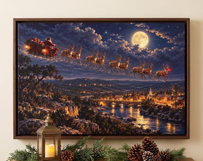Santa Claus Wall Art, Texas Hill Country Sleigh Scene in Canvas or Print