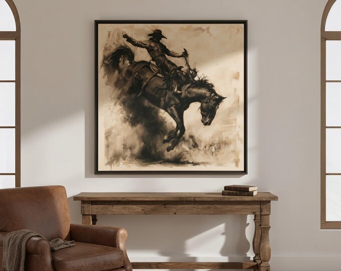 Saddle Bronc Rodeo Art | Charcoal Cowboy Wall Art | Give 'Em Three Fingers