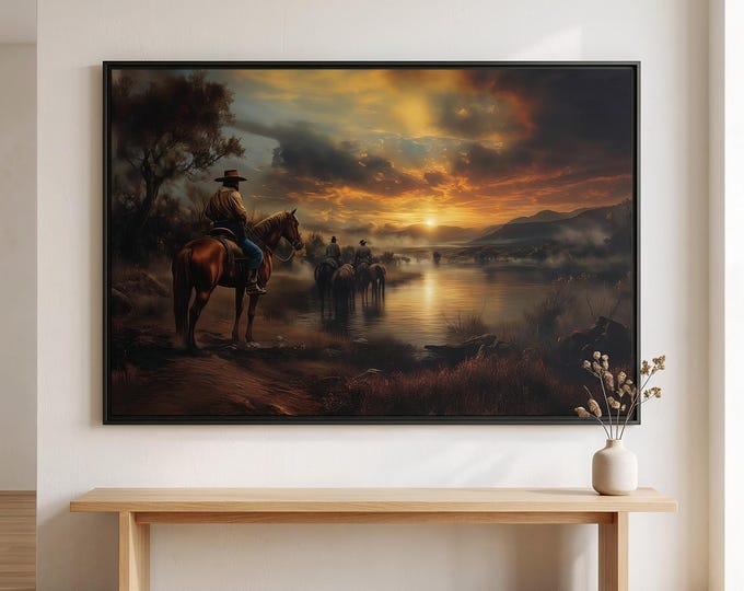 Cowboy Wall Art: Crossing the River | Western Landscape Painting