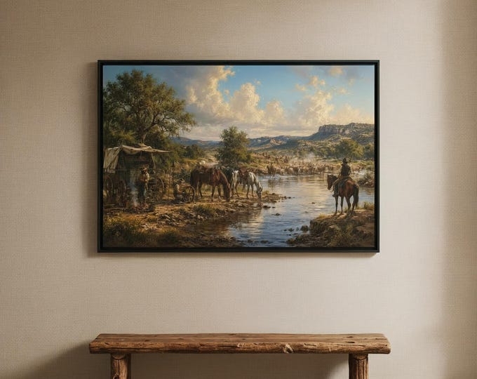 Cowboys Crossing The River Wall Art, Western Landscape Canvas and Print