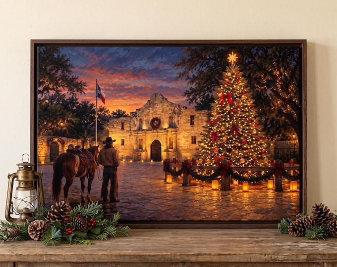Texas Christmas Art, Alamo Painting on Framed Canvas or Fine Art Print