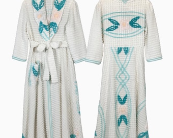 Aqua Floral Chenille Robe Vintage Style Dressing Gown Cottagecore House Coat Loungewear Handmade Womens Gift Mothers Day Bathrobe