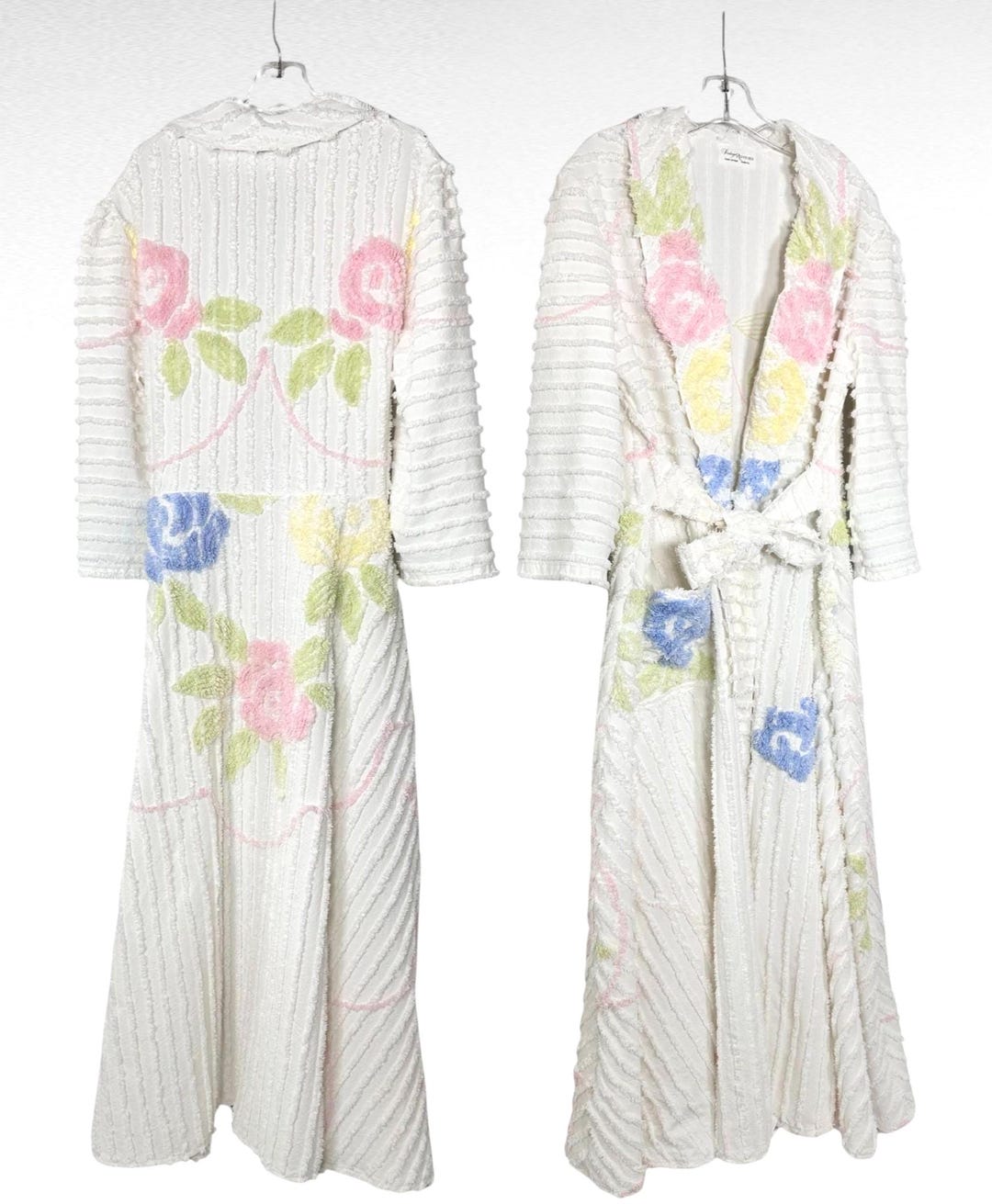 Old Style Robe Chenille Robe White Cotton Floral Bathrobe Handmade Gift Women Vintage ...