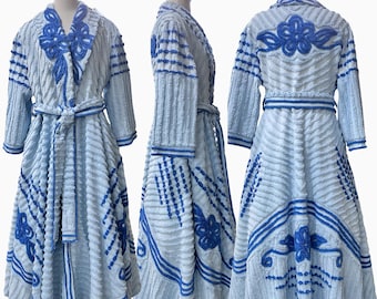 Blue Chenille Robe Handmade Cotton Bathrobe Luxury Loungewear Gift Vintage Style Dressing Gown Cottagecore Housecoat Mother's Day Present